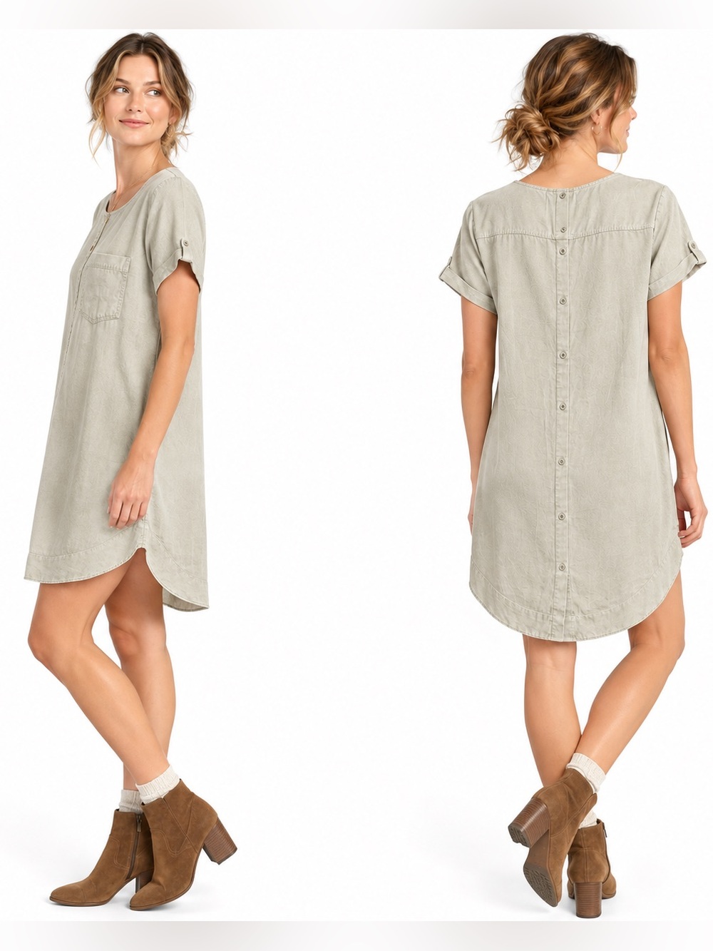 Anthropologie Cloth & Stone Tencel Shirt Dress Medium Beige Pocket Utility Comfy
